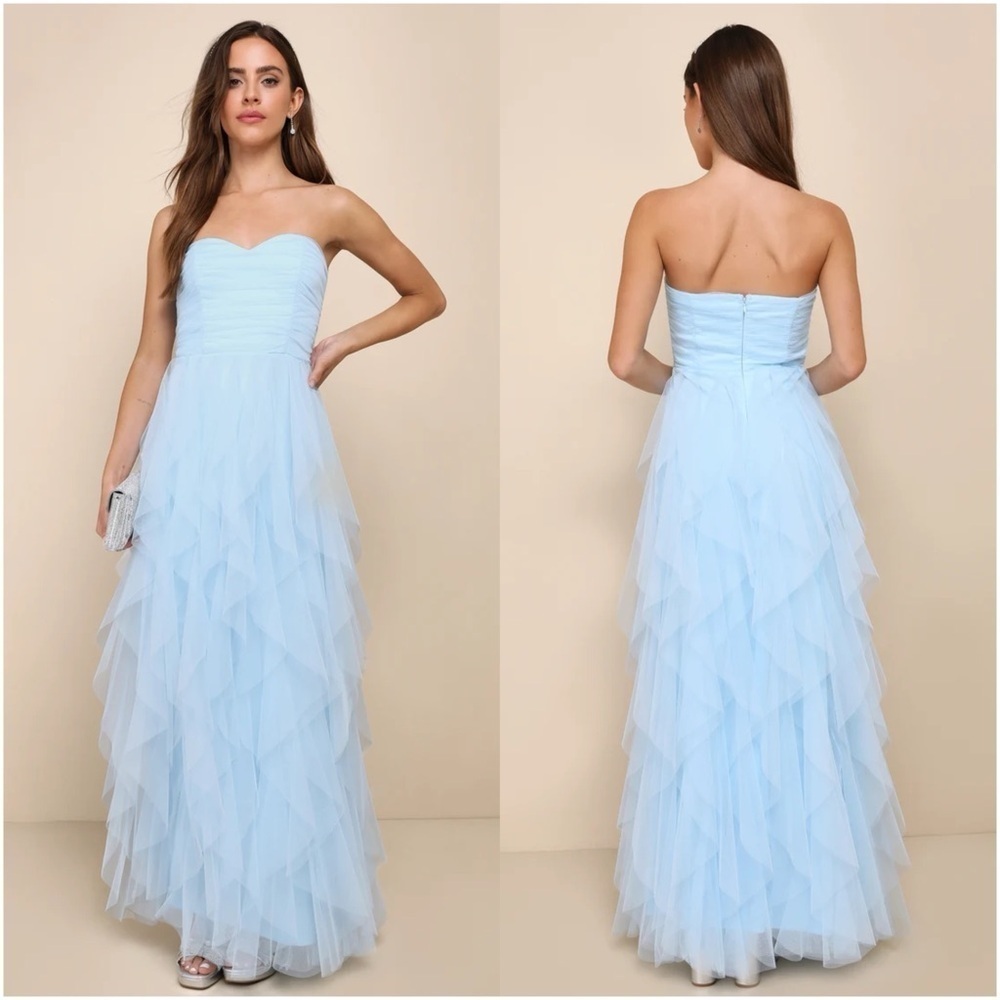 LULU’S Delightful Beauty Blue Mesh Strapless Ruched Ruffled Maxi Dress